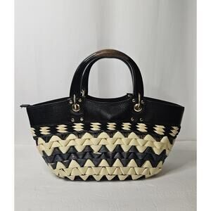 Vtg Forth & Towne Purse Woven Straw Top Handle Bag Satchel Handbag Black & Cream